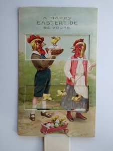 Easter Postcard German Mechanical Pull Tab Farm Boy Girl Humanized Roosters 