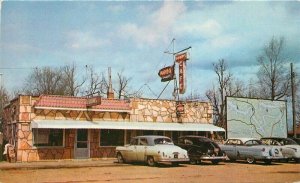 Camdenton Missouri 1950s Autos Adams Cafe Plastichrome roadside Postcard 22-841