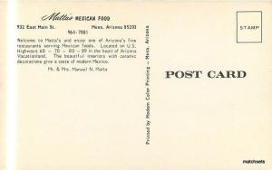 1960s MESA ARIZONA Metta's Mexican Food Modern Color postcard16-191