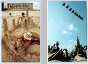 2 Postcards SOUTH PADRE ISLAND, TX ~ Amazing Walter SAND CASTLES Stunt Kites