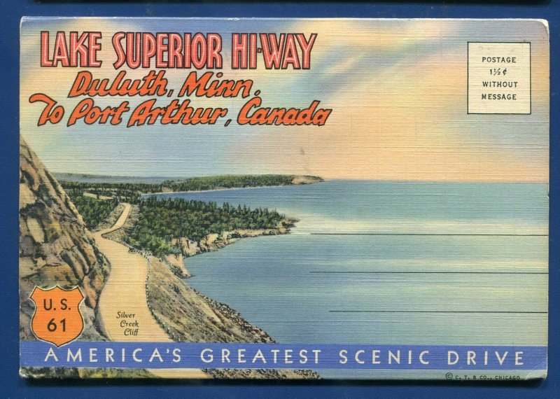 Lake Superior Hi-Way Duluth Minnesota mn to Port Arthur Canada postcard folder