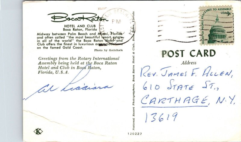 Boca Raton Hotel Club Florida FL Postcard PM W Palm Beach Cancel WOB VTG Koppel 