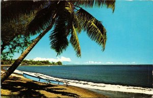 Black Sand Beach Sea Moon Moorea Papeete Tahiti Palm VTG Postcard PM Pirae WOB 
