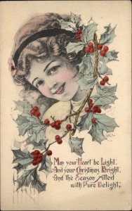 A/S Lister Christmas Cute Little Girl Headband Holly Vintage Postcard