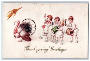 1916 Thanksgiving Greetings Children Making Noise Turkey Corn Embossed Postcard 