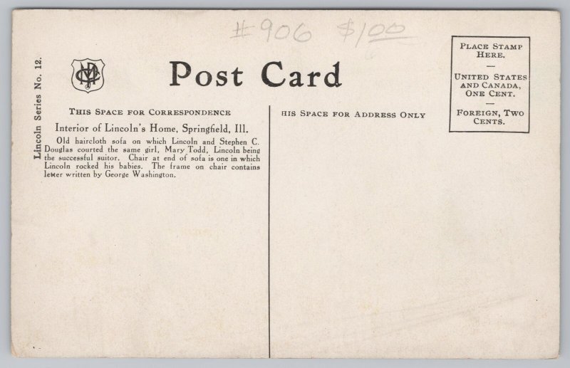President & Patriotic~Interior Lincolns Home Springfield IL~Vintage Postcard 