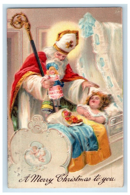 c1910 Christmas White Robe Saint Santa Child Girl Crib Doll Germany Postcard 