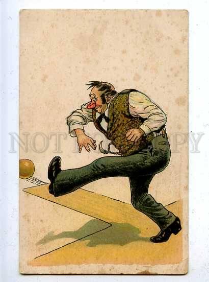 185646 Sport BOWLING Drunk Man Vintage COMIC postcard