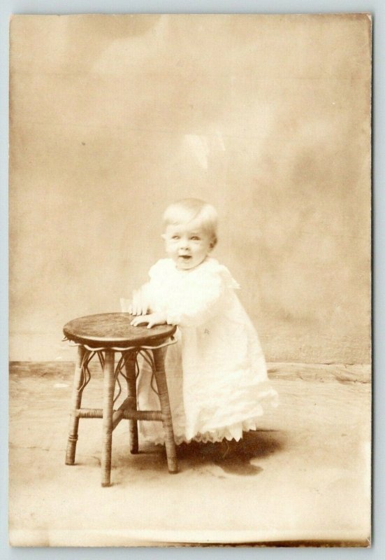 RPPC Pre-Toddler Ella Gunn Leaning On A Stool~She Has A Bright Smile~RPPC c1908 