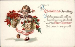 CHRISTMAS Little Girl w Baskets of Poinsettias c1910 Postcard