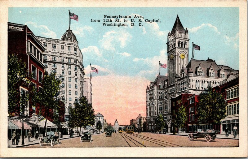 Vtg 1920s Pennsylvania Avenue 12th Street to US Capitol Washington DC Postcard