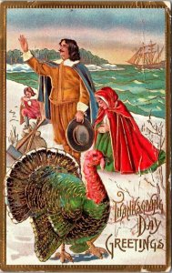 Thanksgiving Postcard Pilgrims Kneeling On the Beach Mayflower - Plymouth