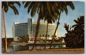 Miami Beach Florida~Fabulous Fontainebleau Hotel Exterior~Vintage Linen Postcard