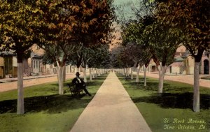 New Orleans, Louisiana - Man sitting on bench on St. Roch Avenue - c1908