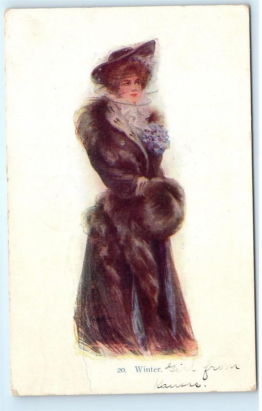 1907 BEAUTIFUL FASHIONABLE GLAMOROUS WINTER GIRL Kansas Vintage Postcard A66