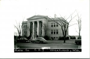 RPPC  Platte County Court House Wheatland WY Street View Cars Postcard T12