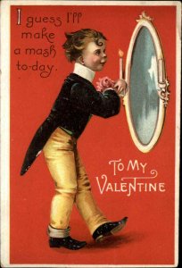 Valentine - Little Boy in Suit Looks in Mirror Unsigned Clapsaddle Postcard
