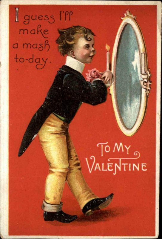 Valentine - Little Boy in Suit Looks in Mirror Unsigned Clapsaddle Postcard