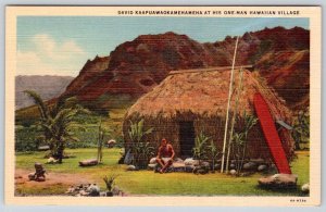 1930-50's ONE MAN VILLAGE HAWAII SURFBOARD VINTAGE LINEN POSTCARD