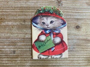 To A Dear Niece, Merry Christmas, Kitten in Bonnet and Dress, Used, Vintage C...