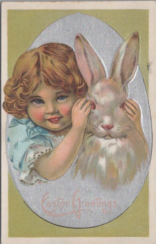 Postcard Easter Greetings Little Girl Covering Albino Rabbit's Eyes