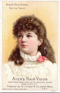 Trade Card - Ayer's Hair Vigor 1890 girl in white dress with pink ribbon