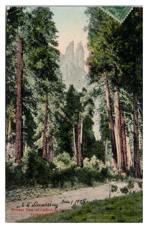 1908 Distant View of Cathedral Spires, Yosemite CA Hand-Colored Postcard *5F(3)1