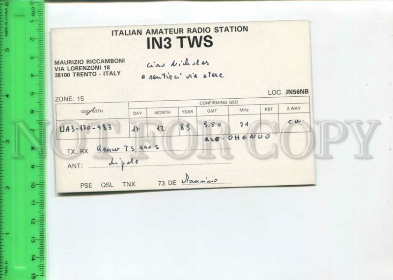 466989 1989 year Italy Trento radio QSL card to USSR