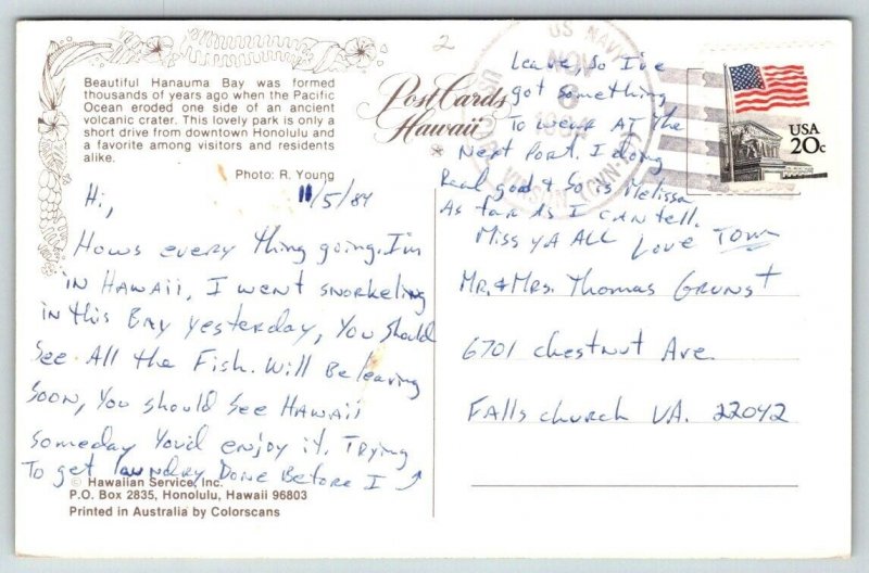 Hanauma Bay Postcard -  Hawaii - 1964 - US Navy USS Carl Vinson Cancel