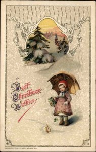 Christmas Girl Snowy Scene Umbrella Pink Coat Winsch c1910 Vintage Postcard