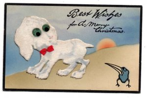 Christmas Greetings Dog and Bird Felt Add On Vintage Postcard AA71943