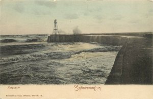 Early Hand-Colored Postcard; Scheveningen Netherlands Lighthouse & Breakwater