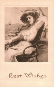 VINTAGE POSTCARD ENGRAVING ON DECK OF VESSEL WITH EXTRAVAGANT HAT (1907-1915)