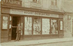 RPPC German Postcard Man August Baumgartner in Front of Wirkwaren Hosiery