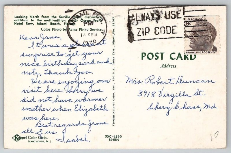Miami Beach FL Ocean Front Hotel Row Florida Postcard E39