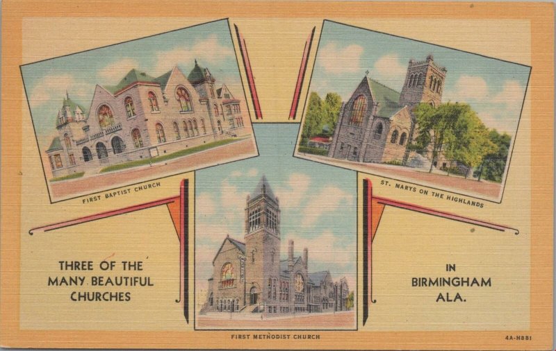 Postcard Three of the Many Beautiful Churches in Birmingham AL