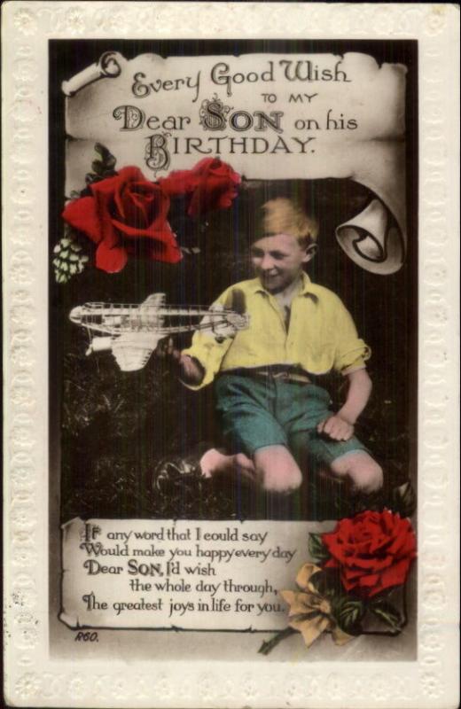 Little Boy w/ Toy Airplane - Birthday to Son Tinted Real Photo Postcard