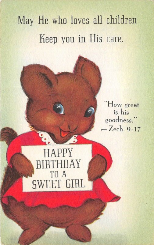 Happy Birthday To A Sweet Girl 1940s Sunshine Line Postcard Squirrel Religious