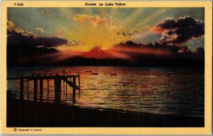 Sunset on Lake Tahoe CA c1950 Vintage Linen Postcard L32