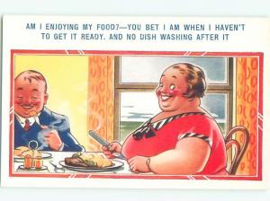 Bamforth Comic FAT WOMAN EATING DINNER AB9719