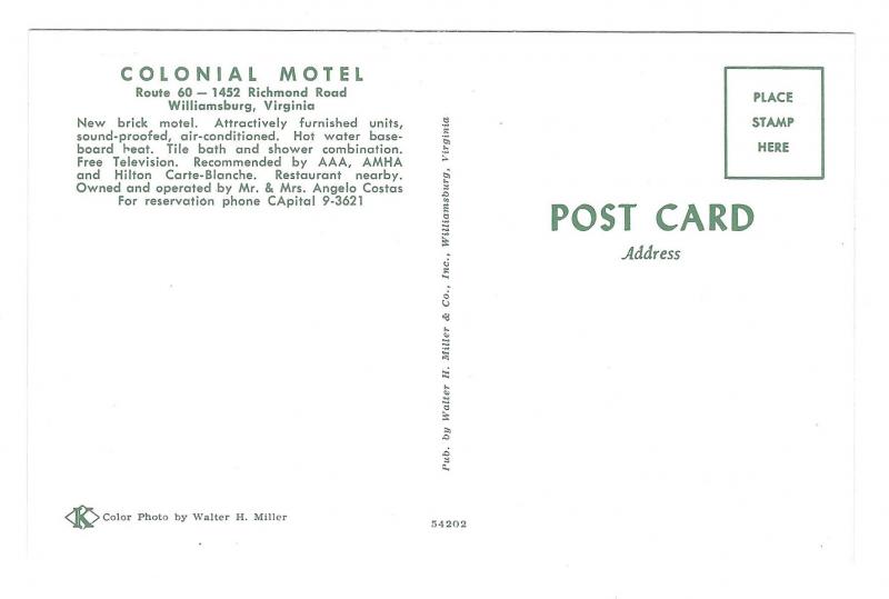 Williamsburg VA Route 60 Colonial Motel Vintage Postcard