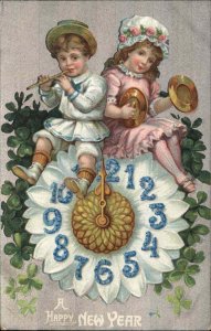 New Year Fantasy Little Boy and Girl Play Music on Flower Clock c1910 Postcard