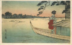 Japan C-1910 Waterfront Life Boats hand colored Postcard 22-8375