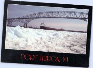 postcard Port Huron Michigan - Blue Water Bridge with Freighter Murray Bay