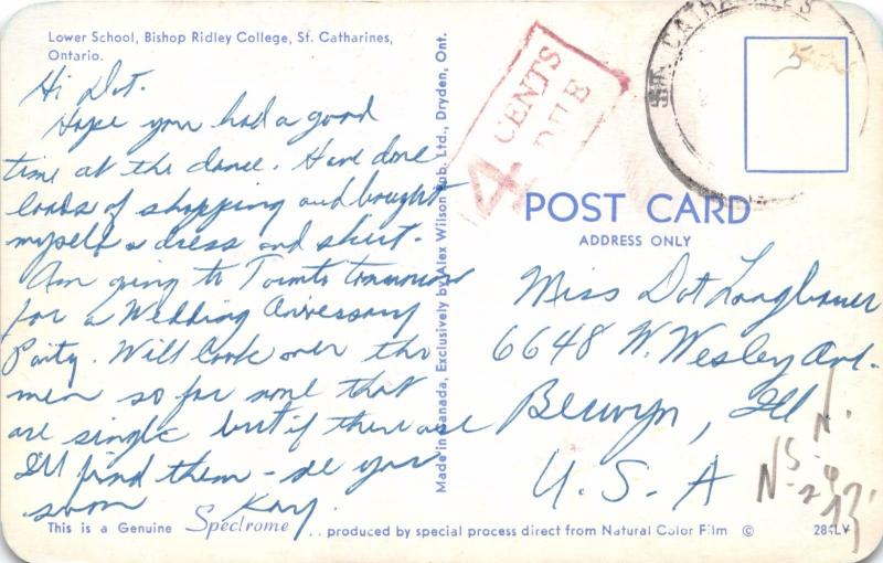 ST CATHARINES ONTARIO CA BISHOP RIDLEY COLLEGE~LOWER SCHOOL POSTCARD 1960s