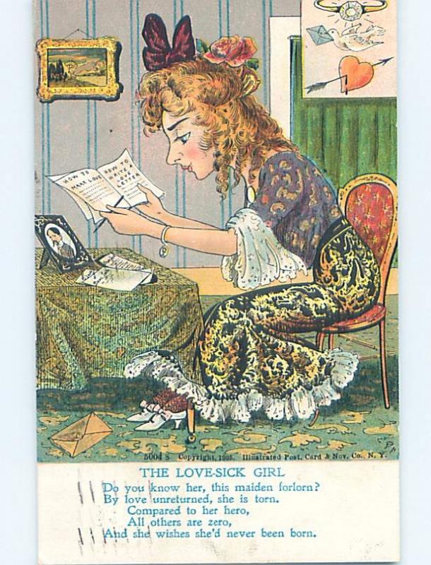 Pre-1907 valentine THE LOVESICK GIRL - PRETTY GIRL WRITING LETTER HL2168