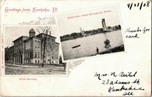 Greetings from Kankakee IL Hospital, High School c1908 UDB Vintage Postcard C42