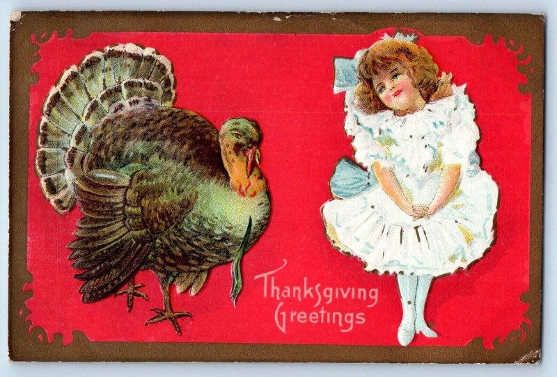 Amsterdam NY Postcard Thanksgiving Greetings Little Girl And Turkey Embossed