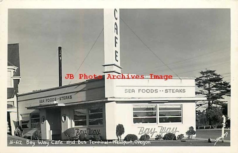 OR, Newport, Oregon, RPPC, Bay Way Cafe, Bus Terminal, Sawyers Photo No 16612 