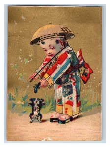 1880s R & J Gilchrist Dry Goods Japanese Children Dog & Puppets Lot Of 2 P116